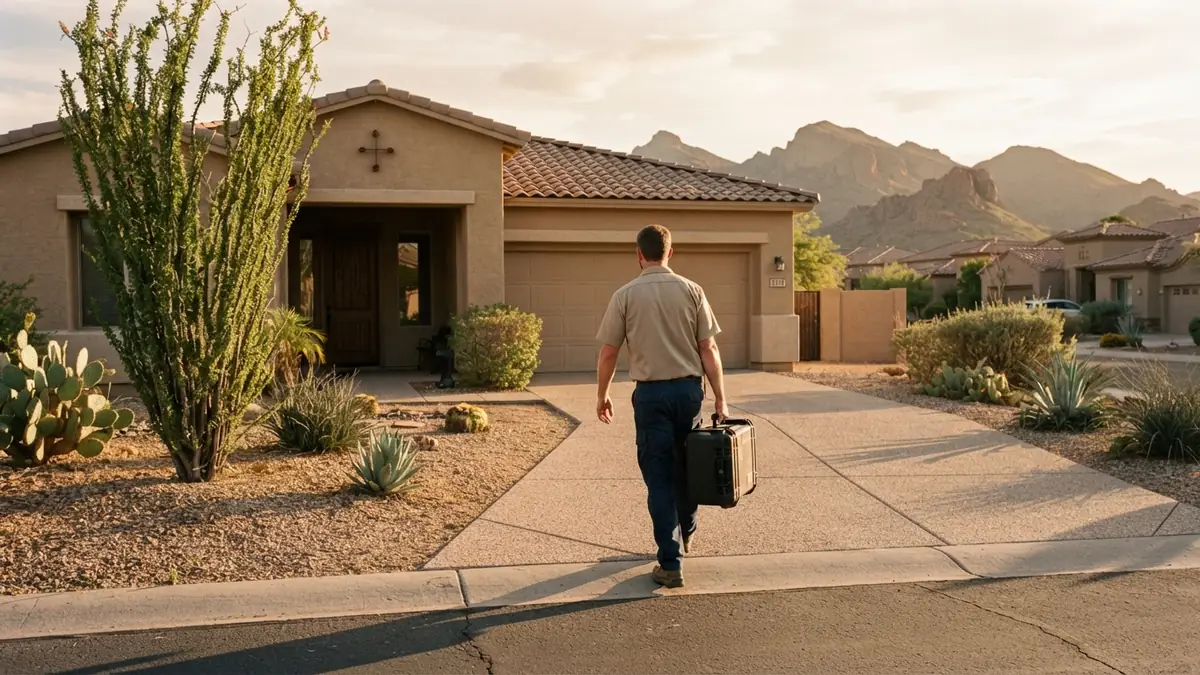 Technician carrying an equipment case up the driveway of a Glendale stucco home at golden hour