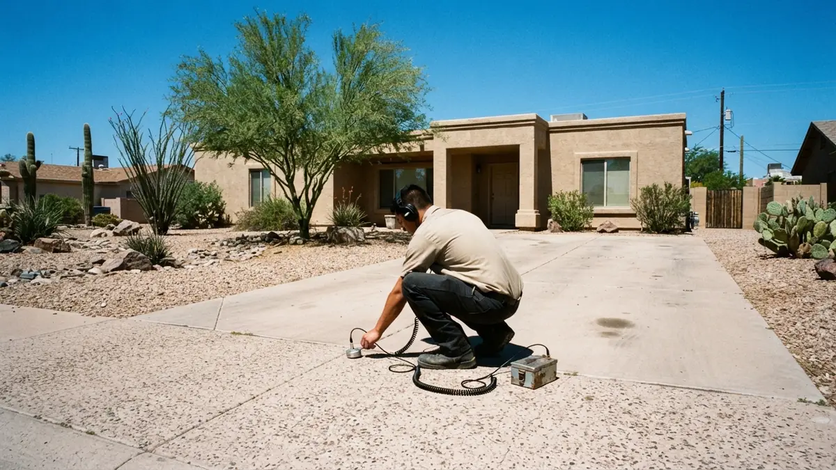 Technician pressing a ground microphone to the concrete driveway of a single-story Glendale stucco house with a palo verde tree - Leak Detection in Glendale